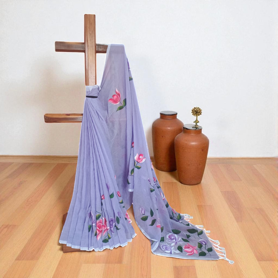 Purple Handpainted Cotton Saree