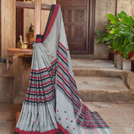 Grey Black Stripe Handwoven Cotton Saree