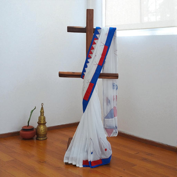 White Red Applique Cotton Saree