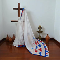 White Red Applique Cotton Saree