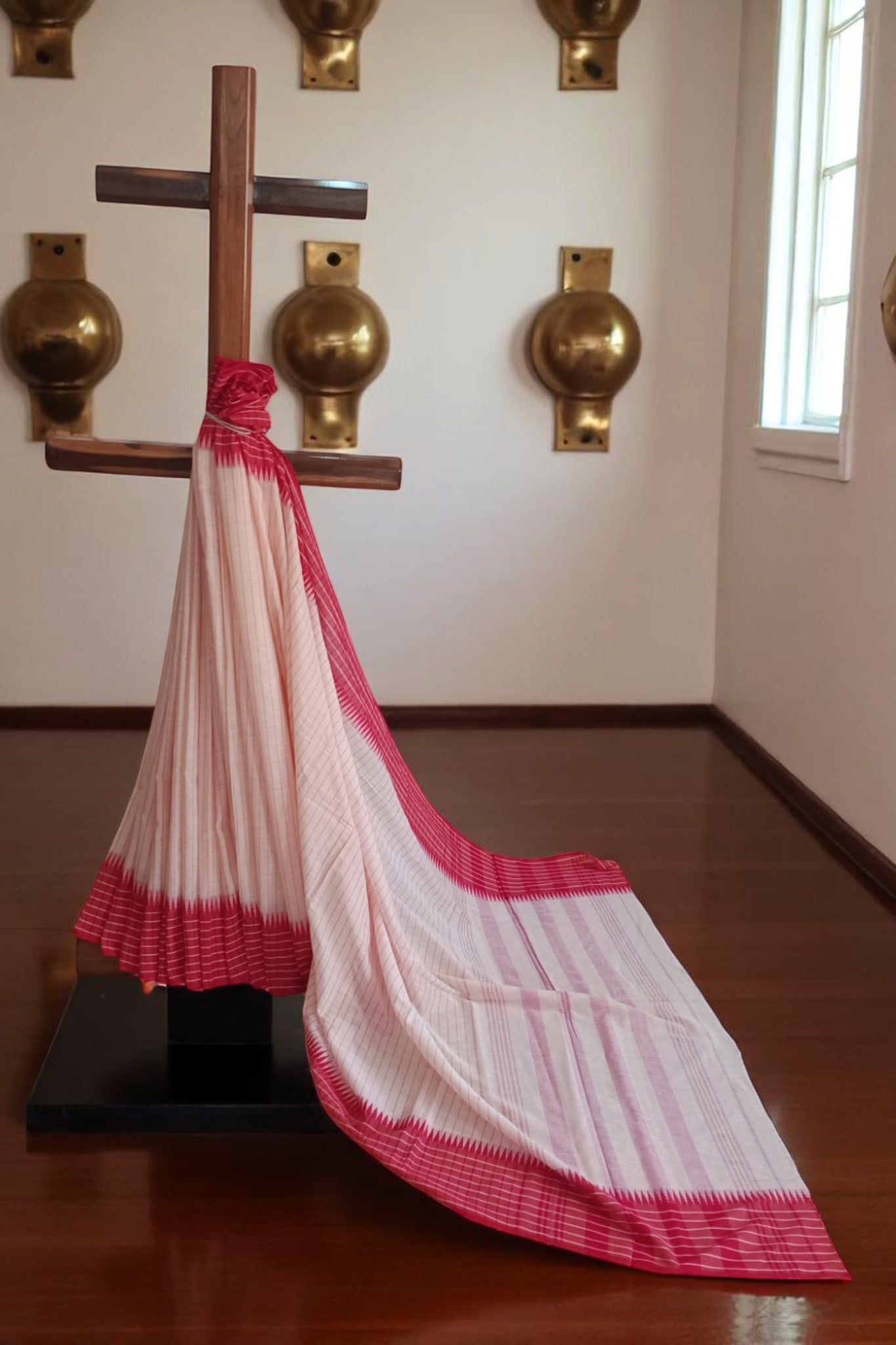Cream Red Stripe Handwoven Cotton Saree