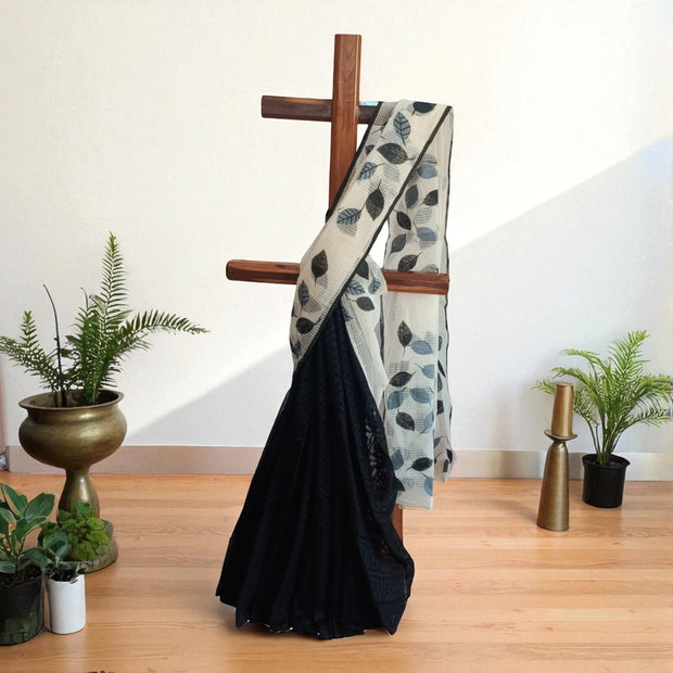 Black Grey Handpainted Kota Cotton Saree