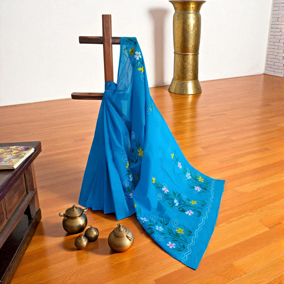 Blue Handpainted Kota Cotton Saree