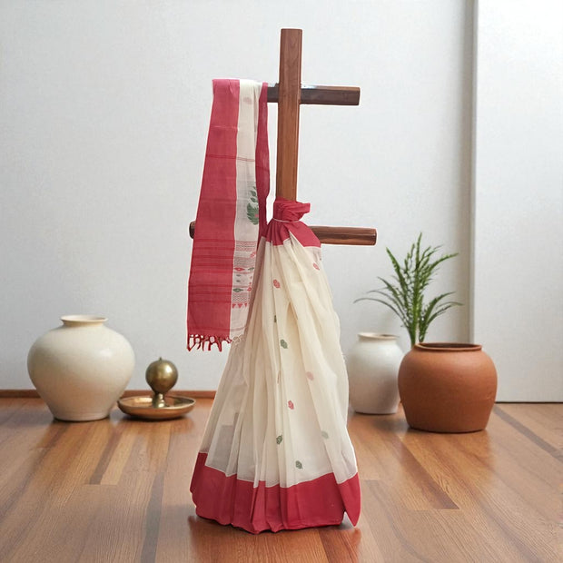 Offwhite Red Floral Cotton Saree