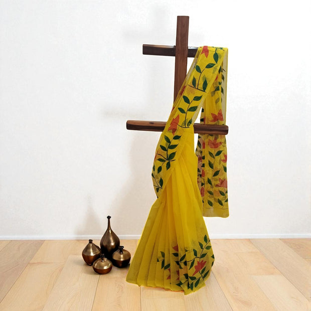 Yellow Handpainted Kota Cotton Saree