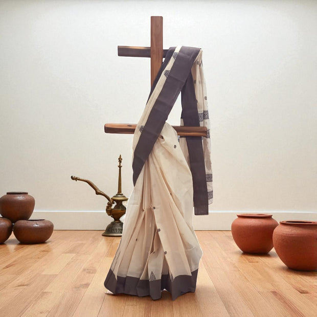 Cream Black Cotton Saree