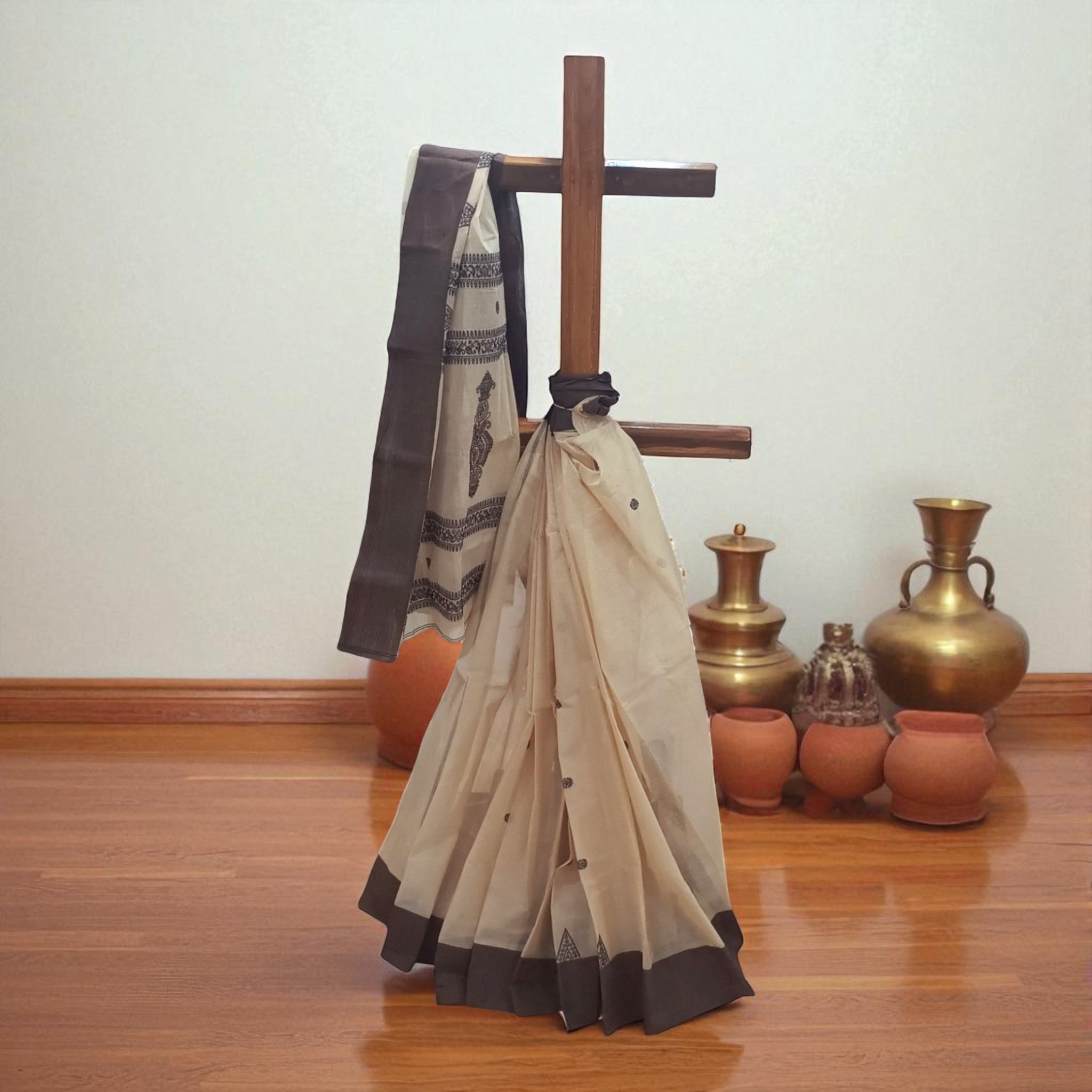 Cream Black Cotton Saree