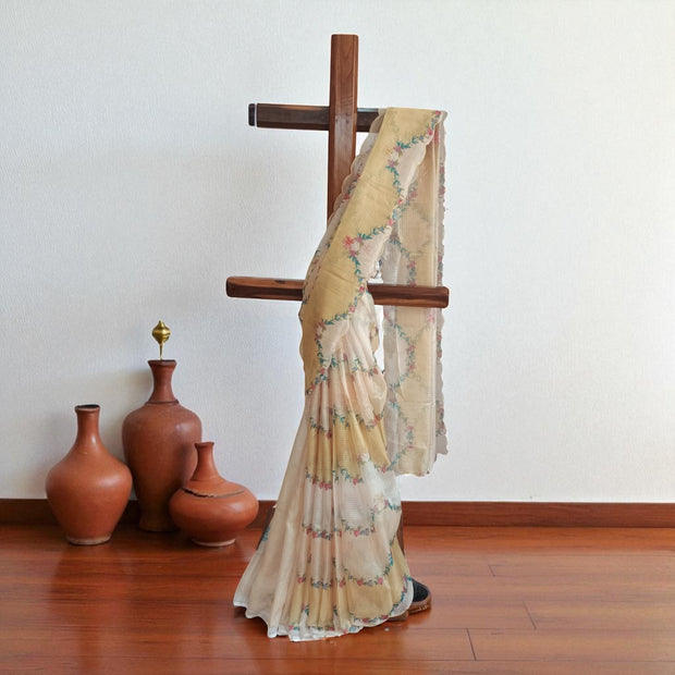 Yellow Floral Kota Cotton Saree