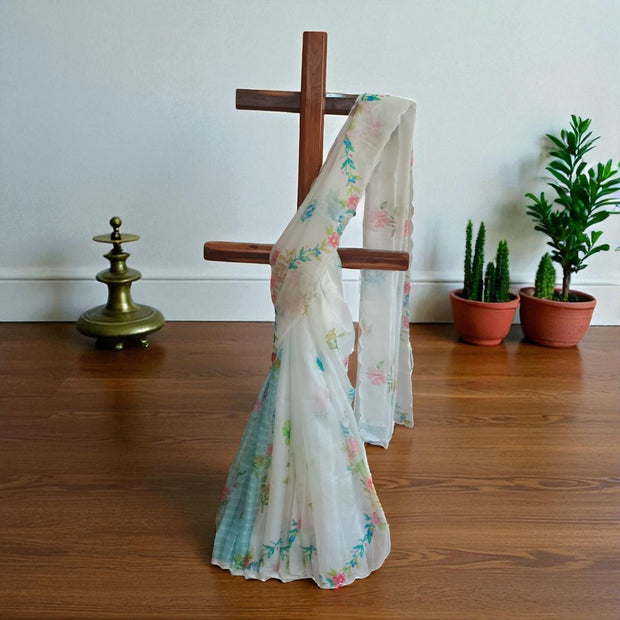 White Multi Floral Kota Cotton Saree