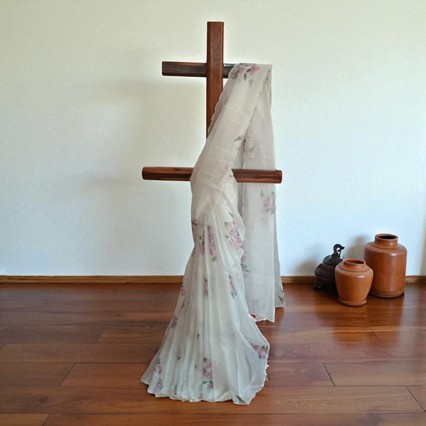 White Purple Floral Kota Cotton Saree