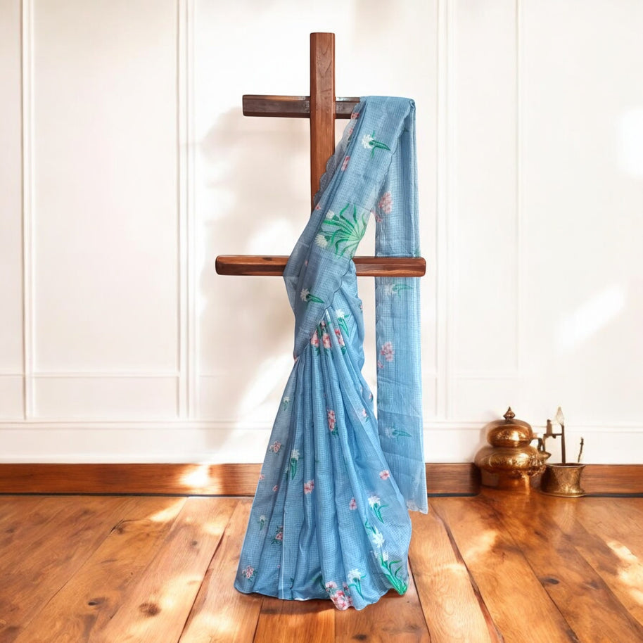 Grey Floral Kota Cotton Saree