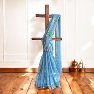 Grey Floral Kota Cotton Saree