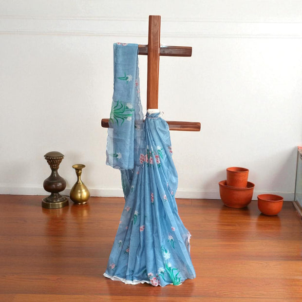 Grey Floral Kota Cotton Saree