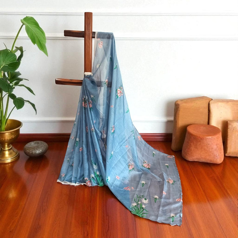 Grey Floral Kota Cotton Saree