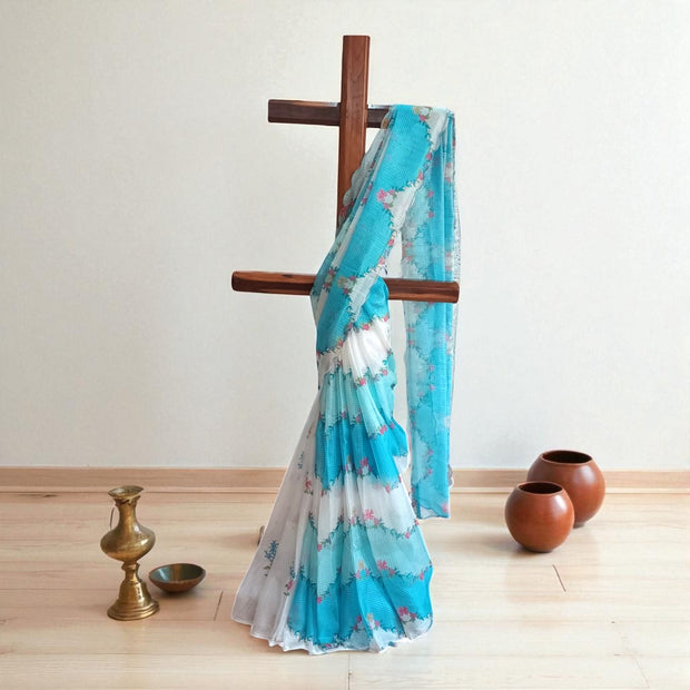 Sky Blue Floral Kota Cotton Saree