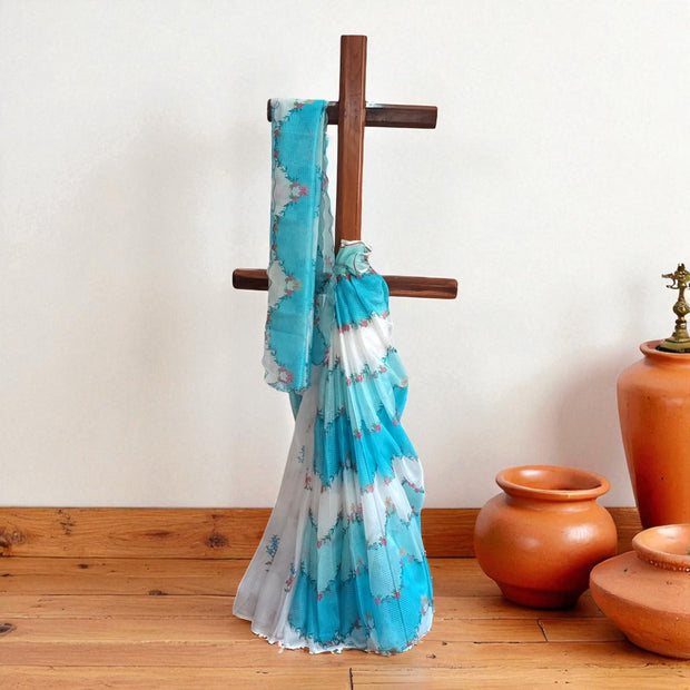 Sky Blue Floral Kota Cotton Saree