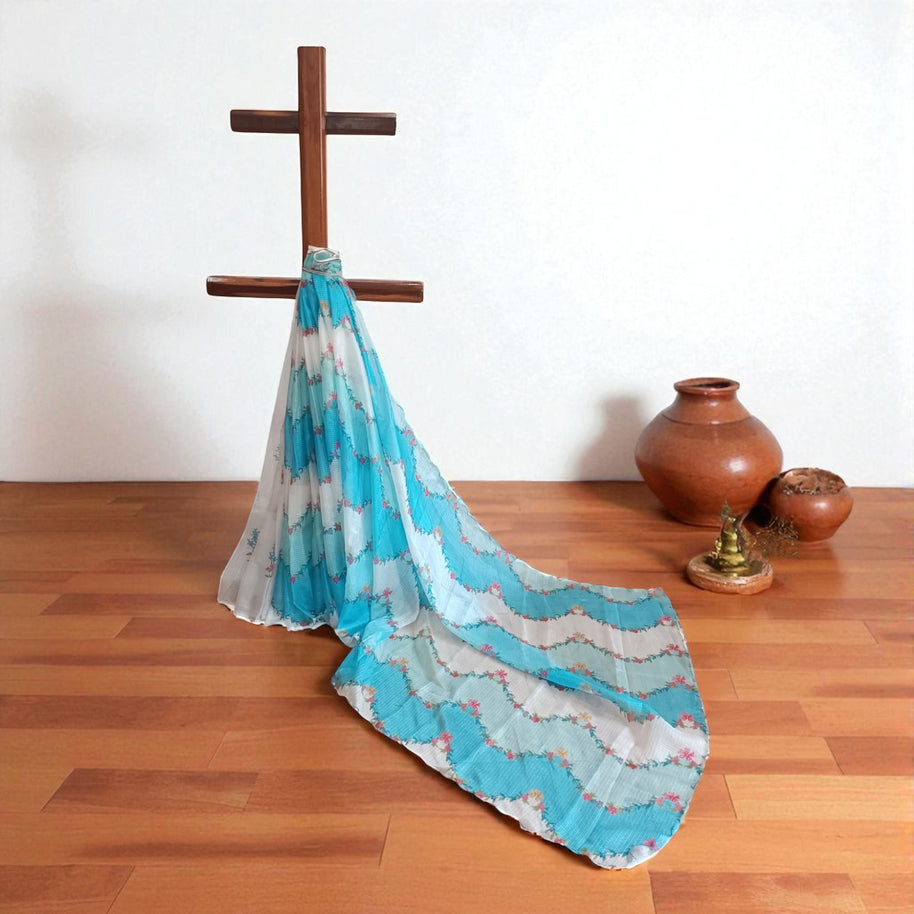 Sky Blue Floral Kota Cotton Saree