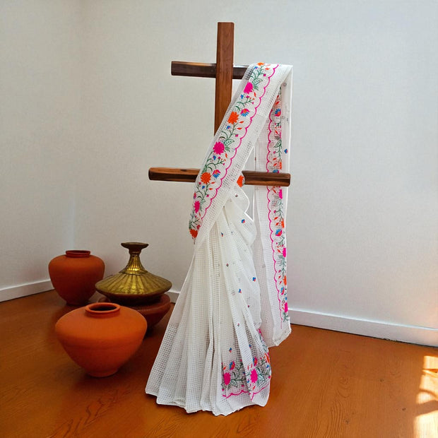 White Embroidery Kota Cotton Saree
