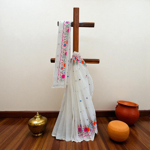 White Embroidery Kota Cotton Saree