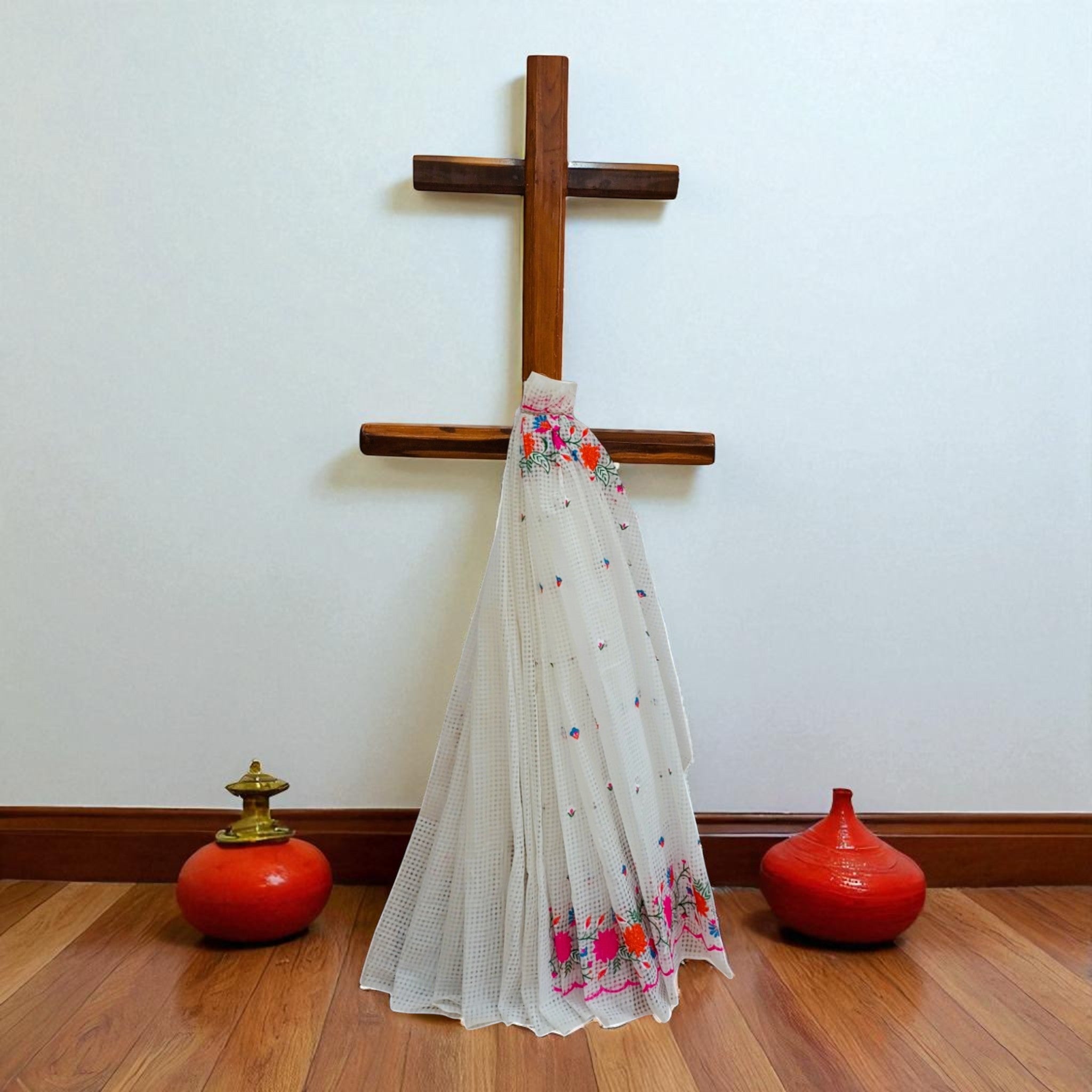 White Embroidery Kota Cotton Saree
