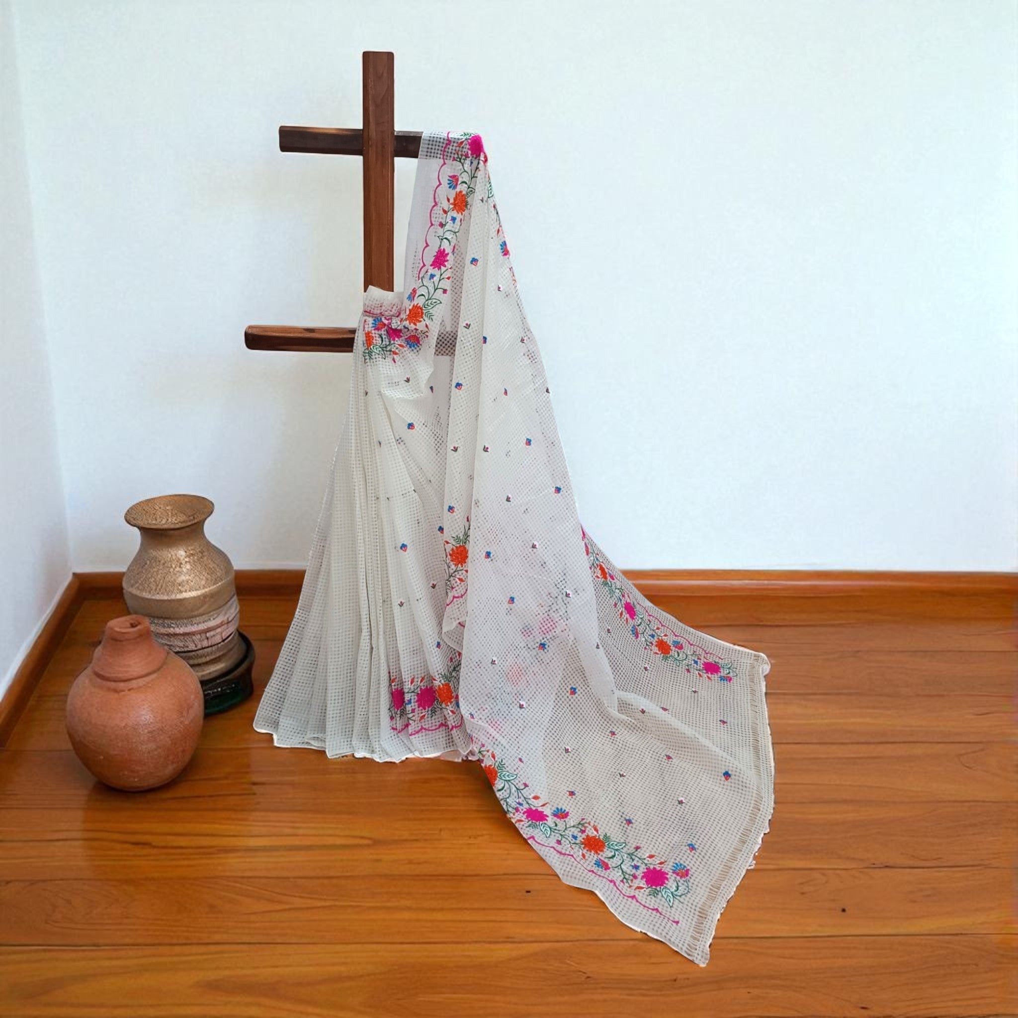 White Embroidery Kota Cotton Saree