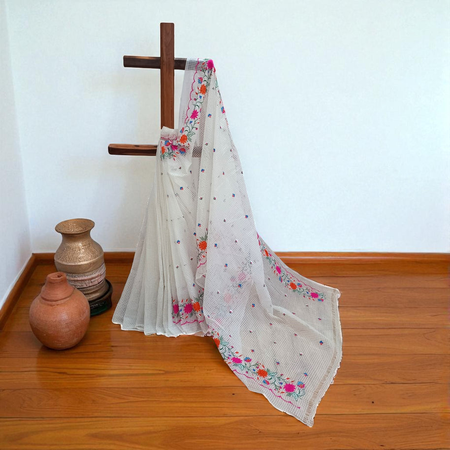 White Embroidery Kota Cotton Saree