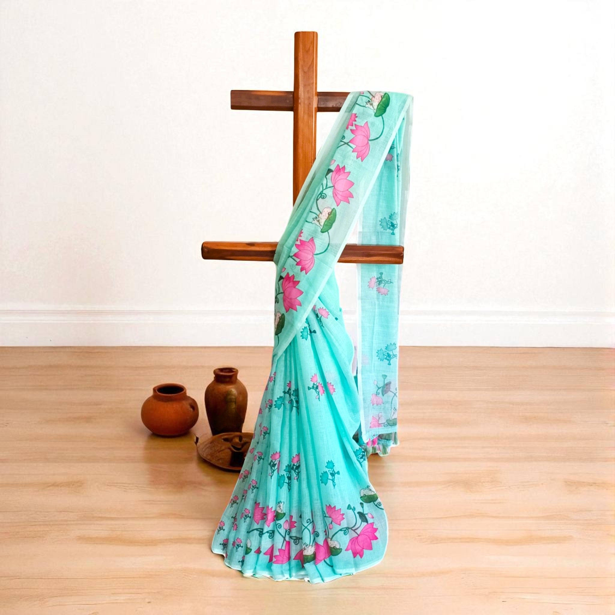 Light Green Pink Lotus Floral Cotton Saree