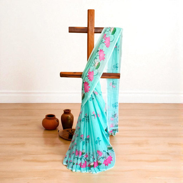 Light Green Pink Lotus Floral Cotton Saree