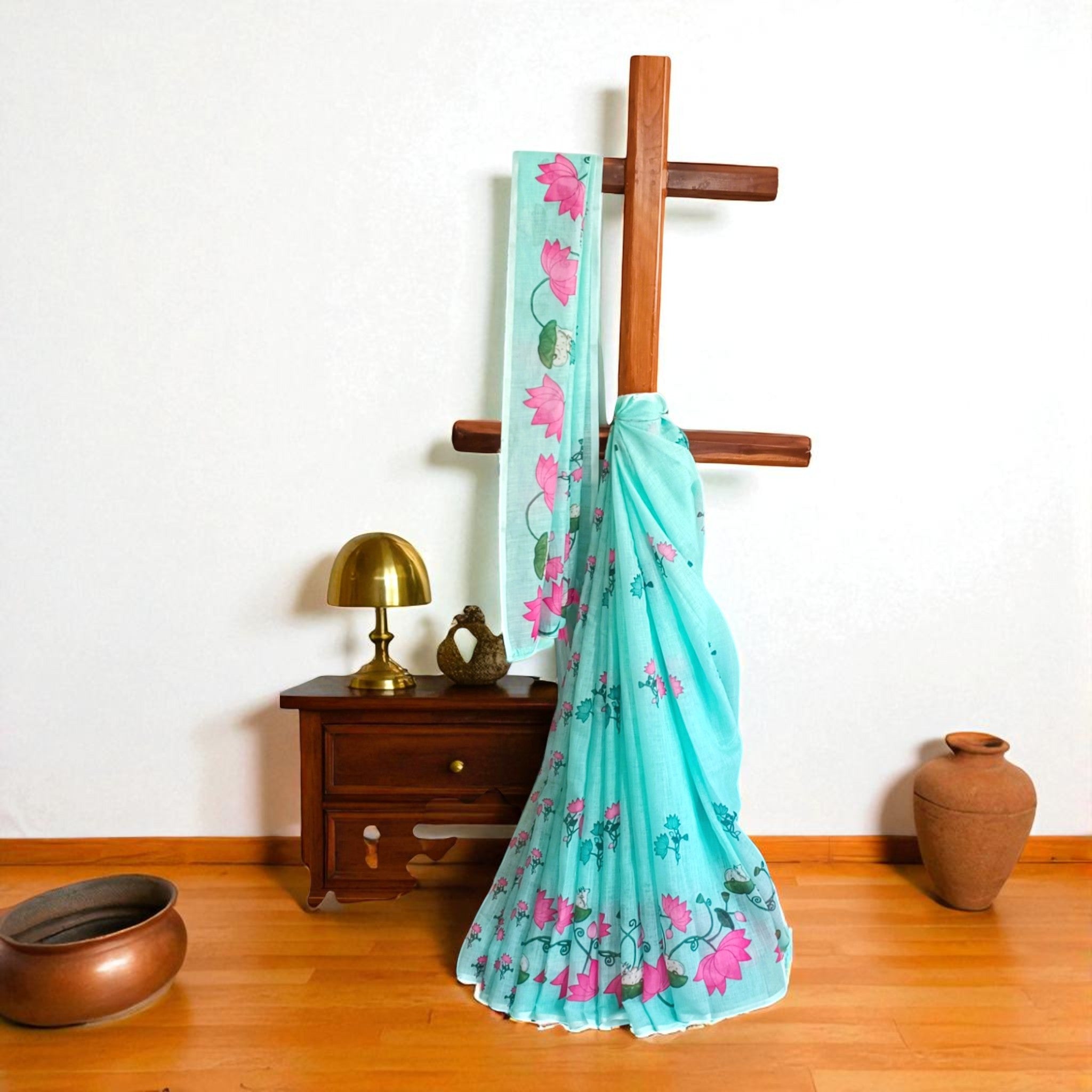 Light Green Pink Lotus Floral Cotton Saree