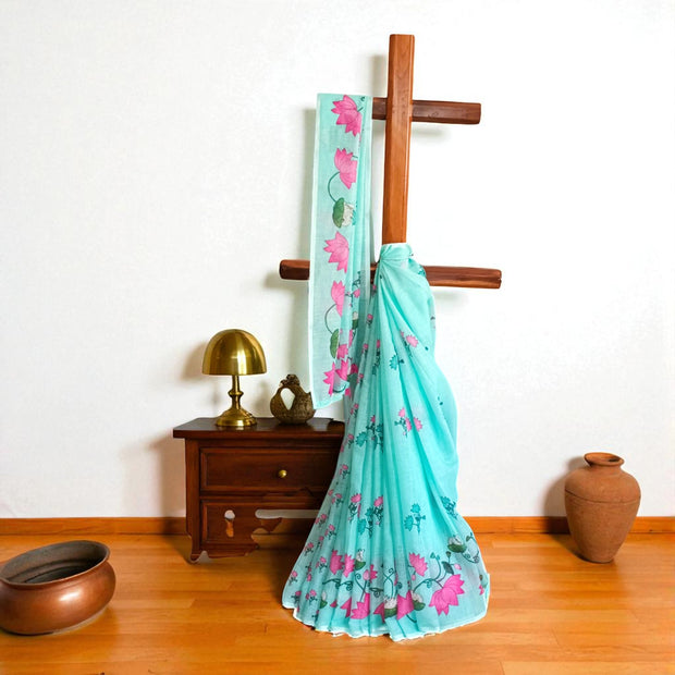 Light Green Pink Lotus Floral Cotton Saree