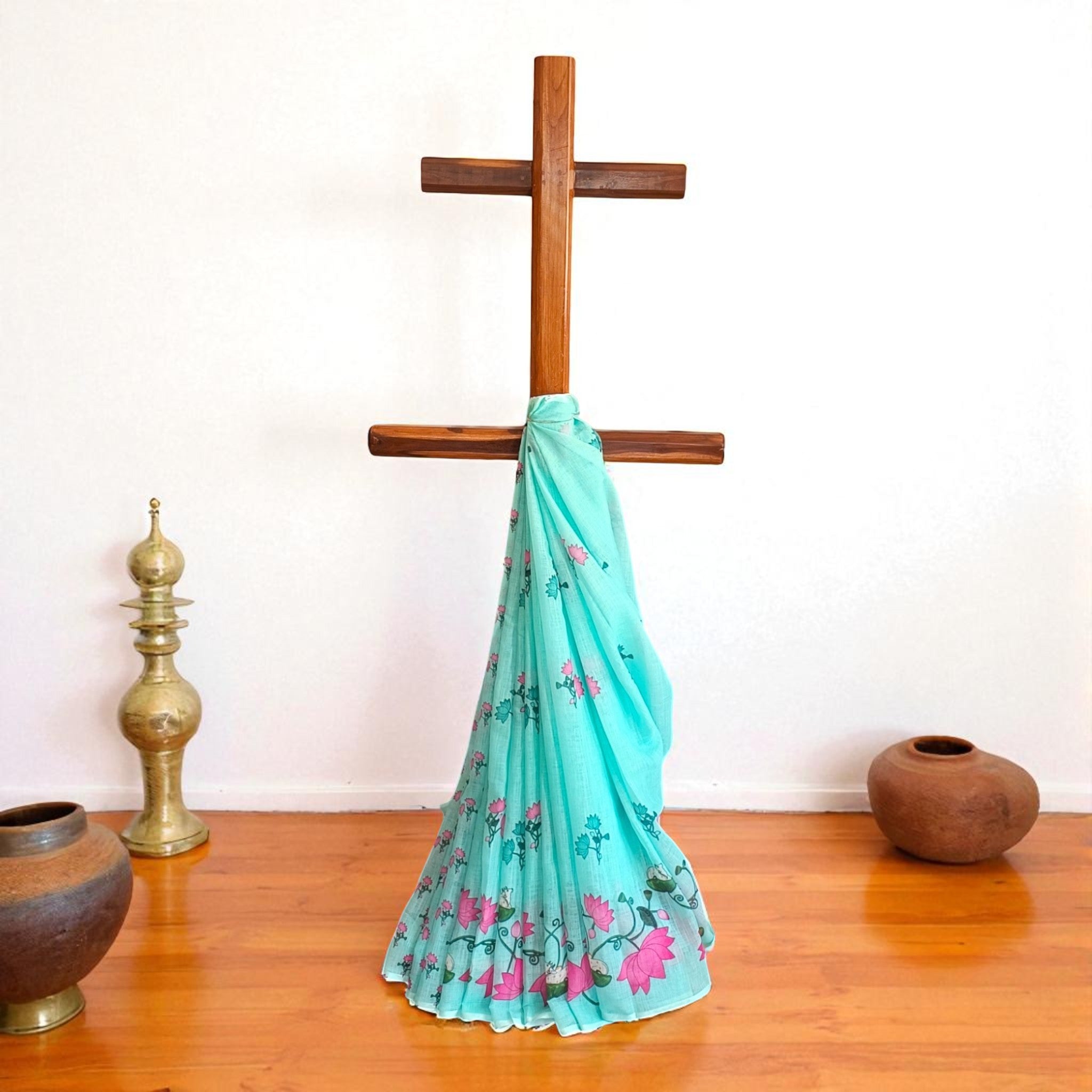Light Green Pink Lotus Floral Cotton Saree