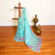 Light Green Pink Lotus Floral Cotton Saree