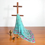 Light Green Pink Lotus Floral Cotton Saree