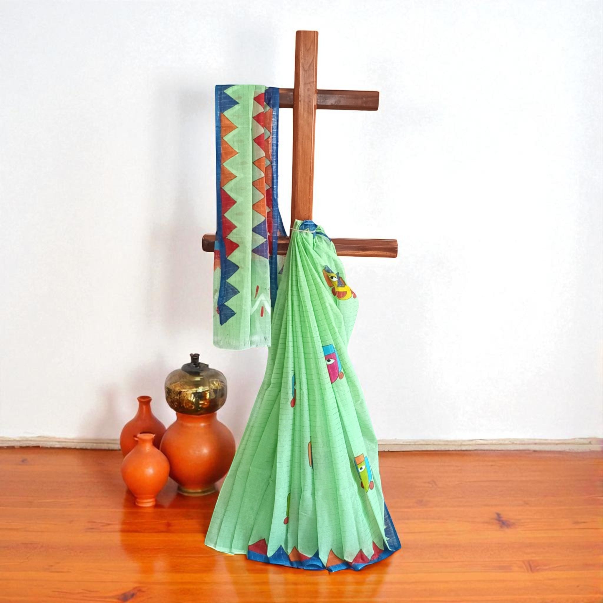 Light Green Handpainted Cotton Saree
