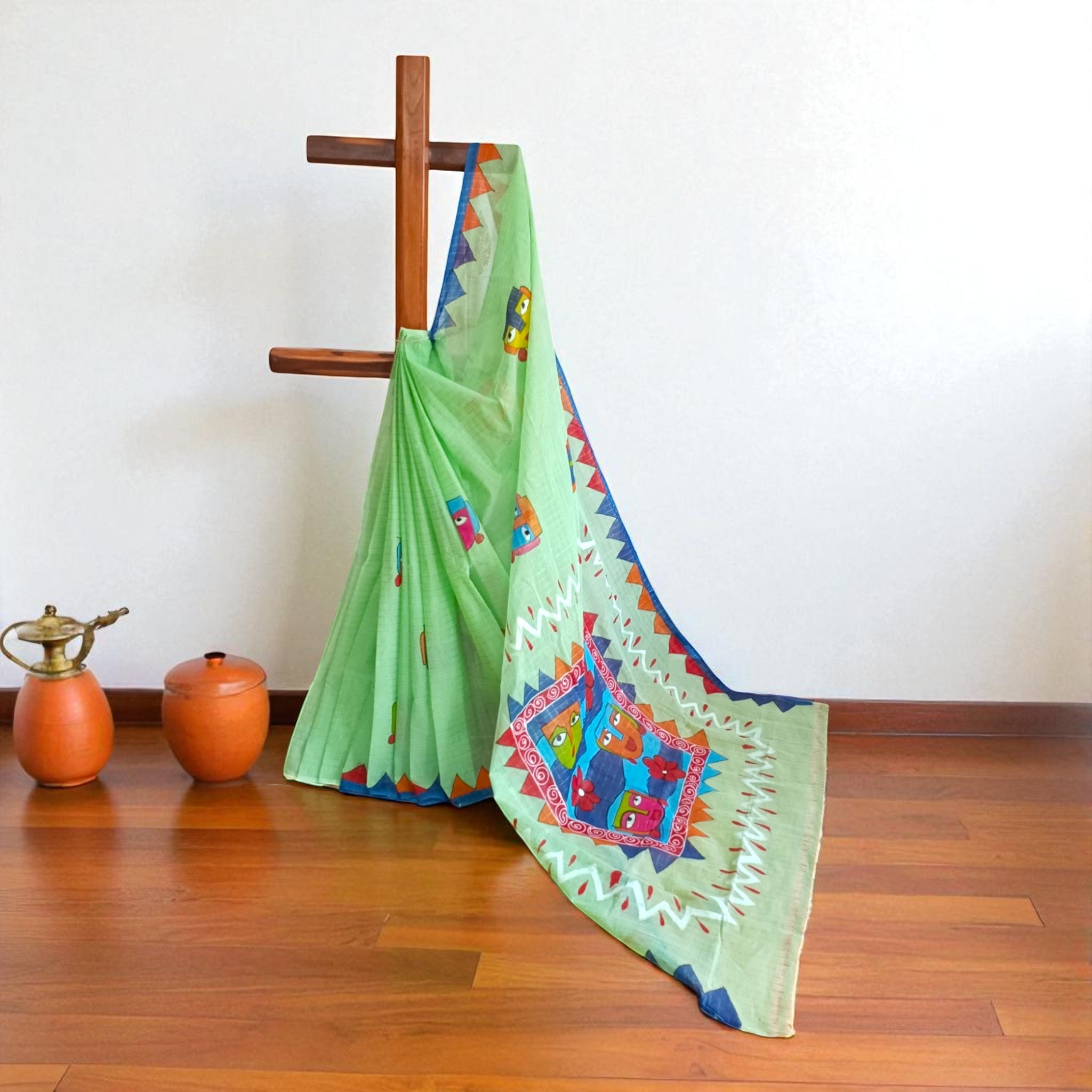 Light Green Handpainted Cotton Saree
