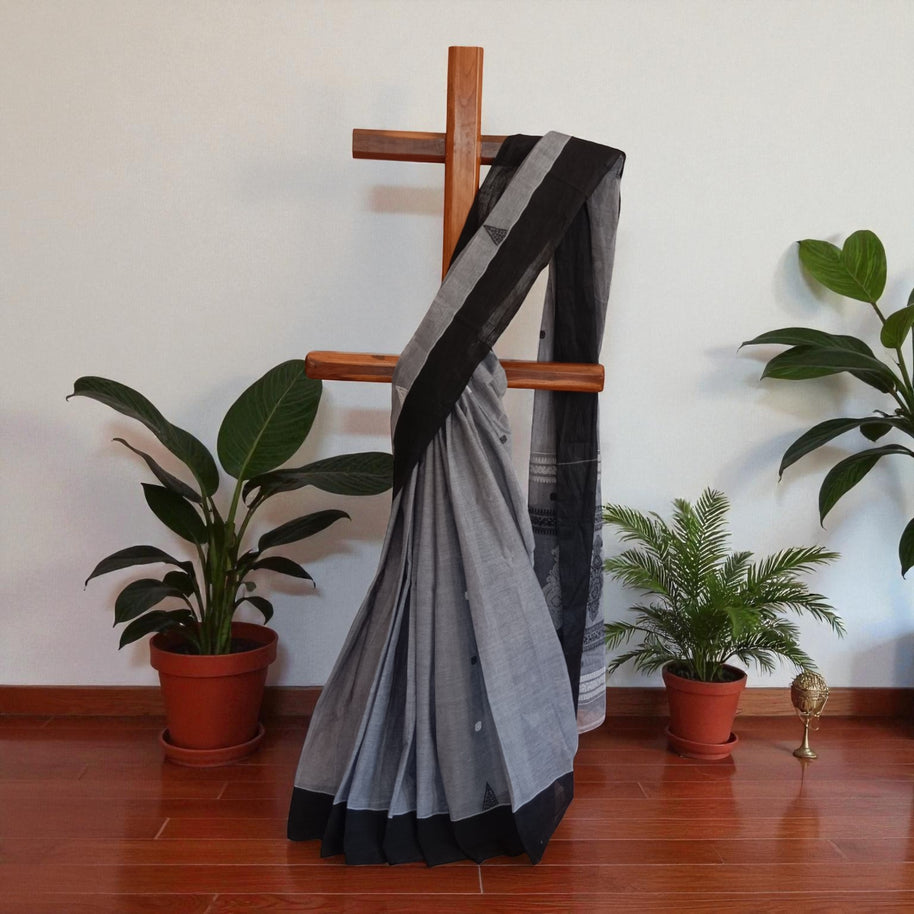 Grey Black Work Cotton Saree