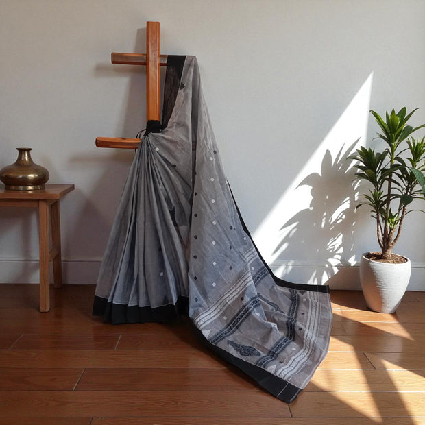 Grey Black Work Cotton Saree