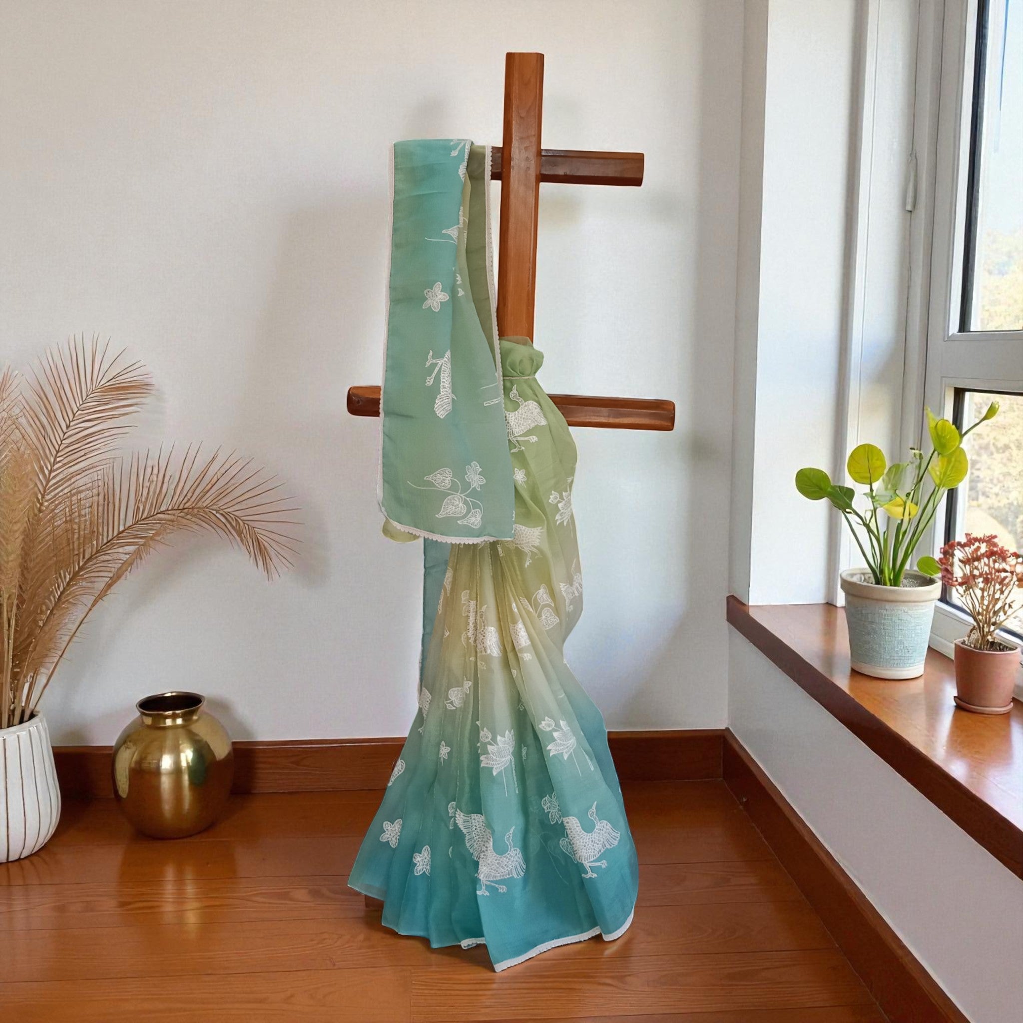 Ligth Green Hand Painted Silk Saree