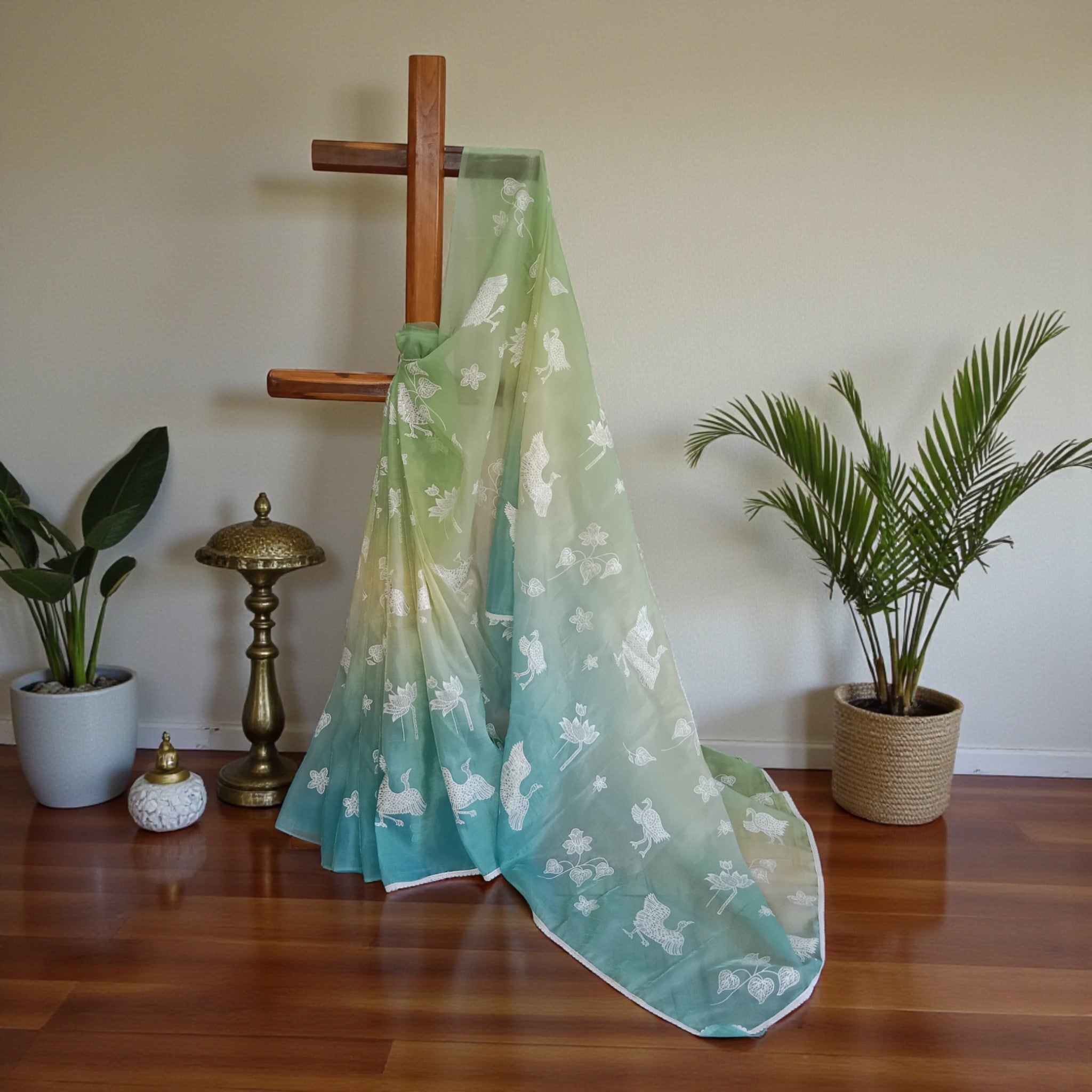 Ligth Green Hand Painted Silk Saree
