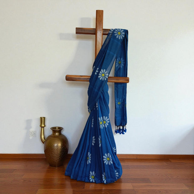 Blue White Floral Handprinted Cotton Saree