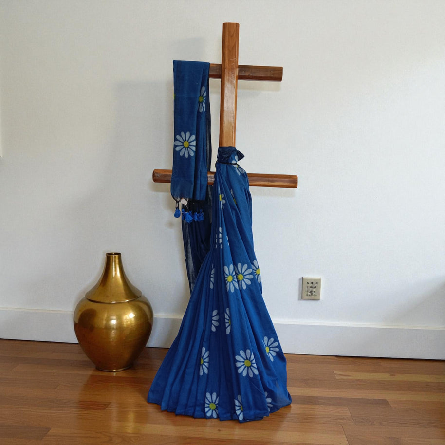 Blue White Floral Handprinted Cotton Saree