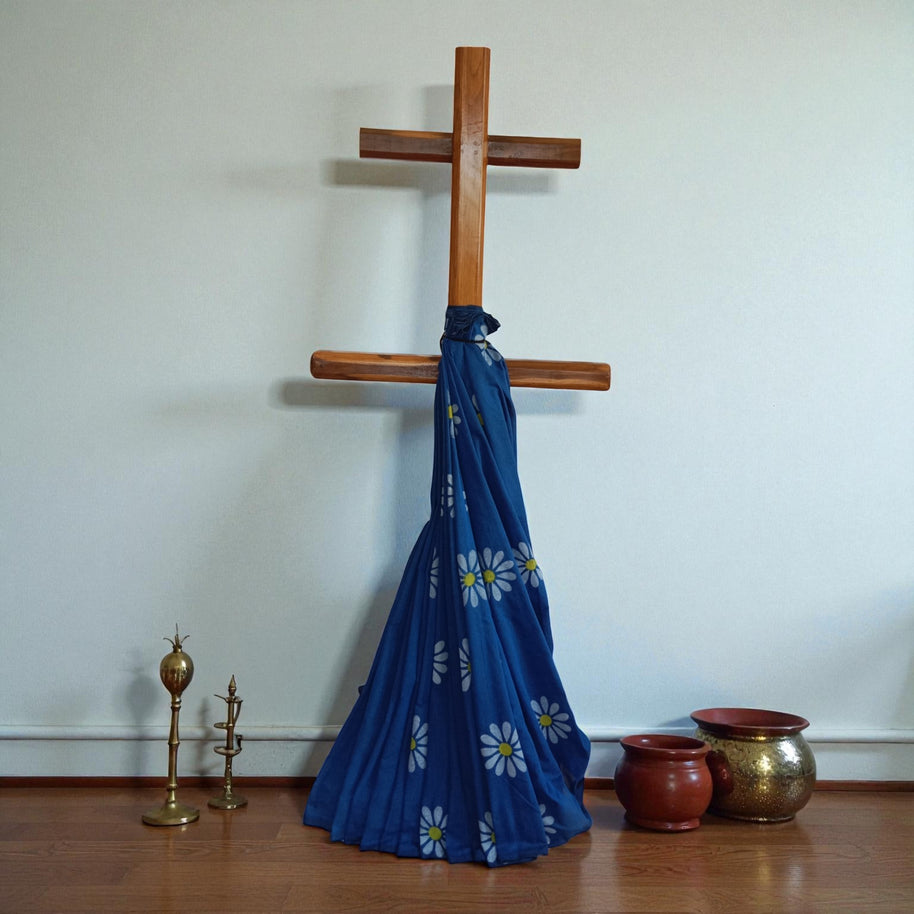 Blue White Floral Handprinted Cotton Saree
