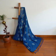 Blue White Floral Handprinted Cotton Saree