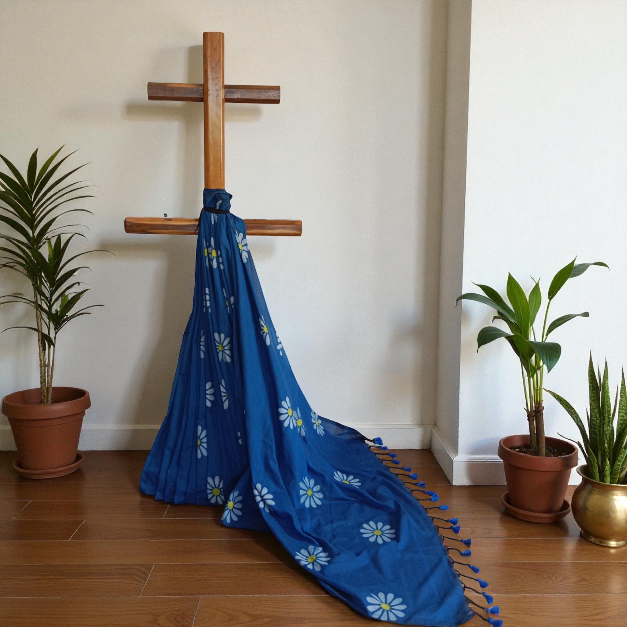 Blue White Floral Handprinted Cotton Saree