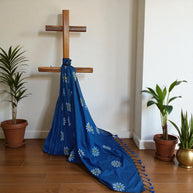 Blue White Floral Handprinted Cotton Saree