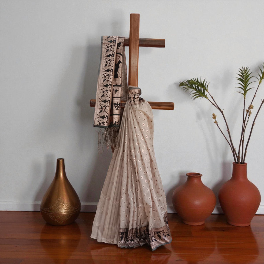 Golden Black Zari Work Silk Saree