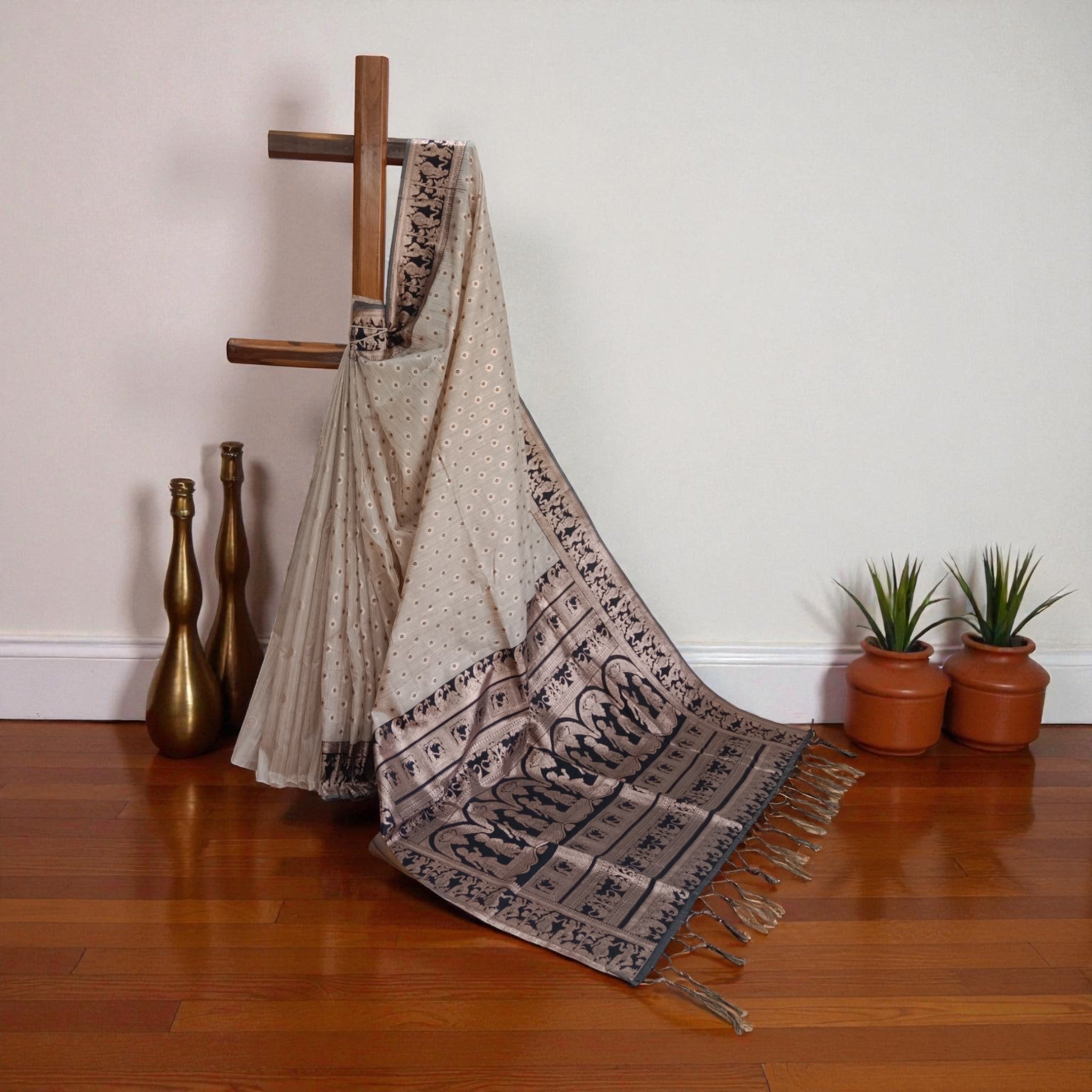 Golden Black Zari Work Silk Saree