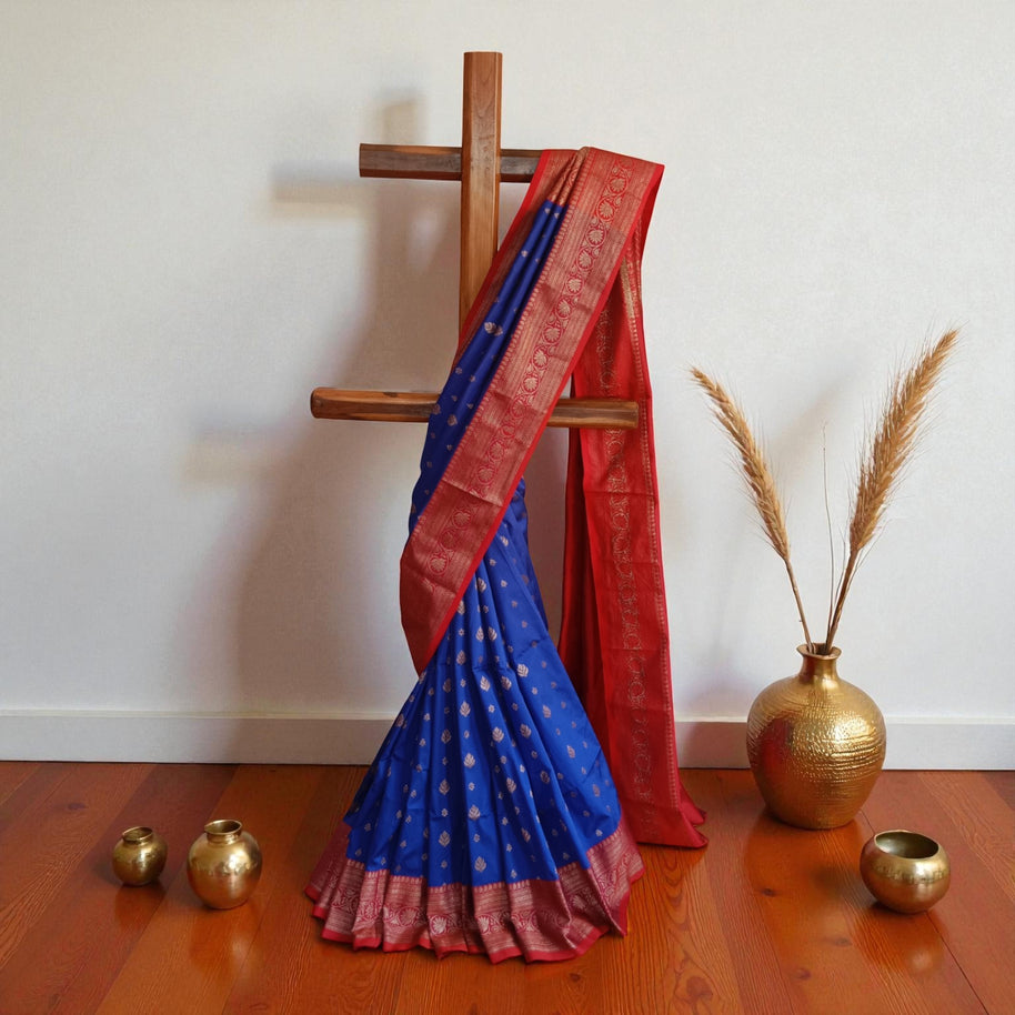 Blue Red Border Silk Saree