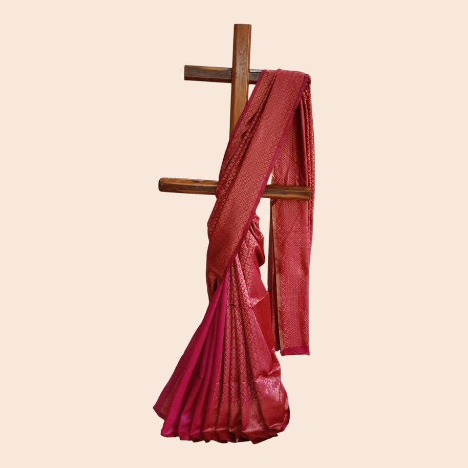 Rani Pink Golden Zari Work Silk Saree