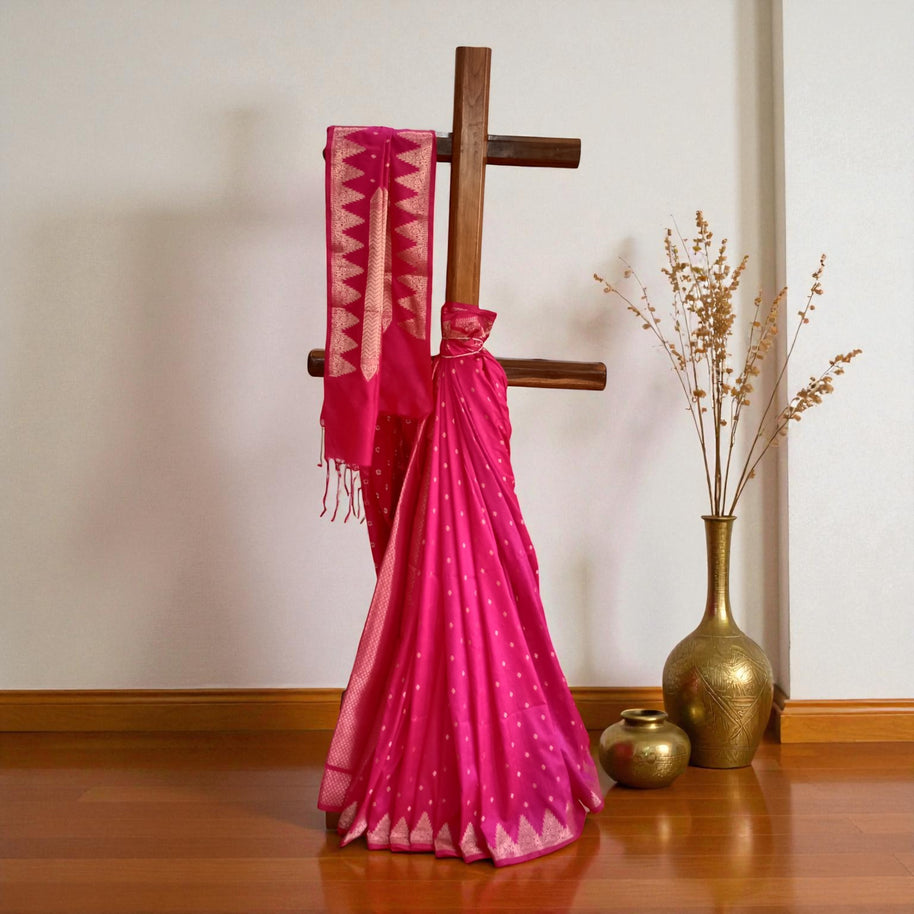 Pink Golden Buti Zari Work Silk Saree